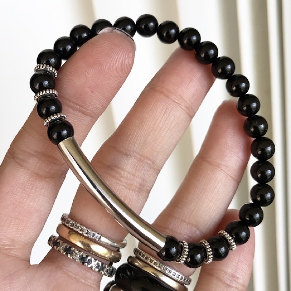 🔴 Genuine onyx gemstones beads silver bar boho stack bracelet - Picture 3 of 9